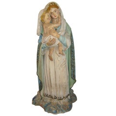 19th Century European Wood Statue of Mary with Child