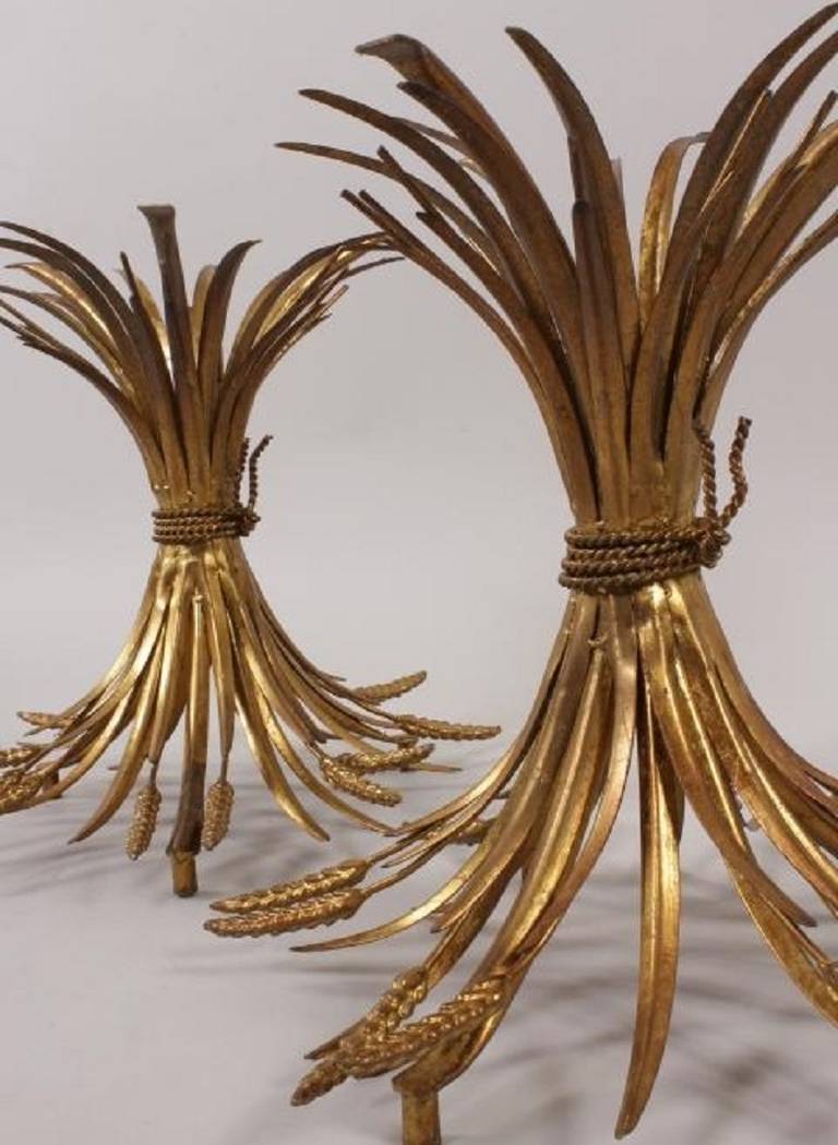 Spectacular Hollywood regency gilt metal sheaf of wheat coffee table - the bases could be used separately as side tables or coffee tables - separate glass tops available in clear and dark glass.