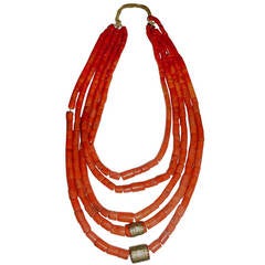 Antique Exquisite 19th Century Salmon Red, Five Strand Coral Necklace