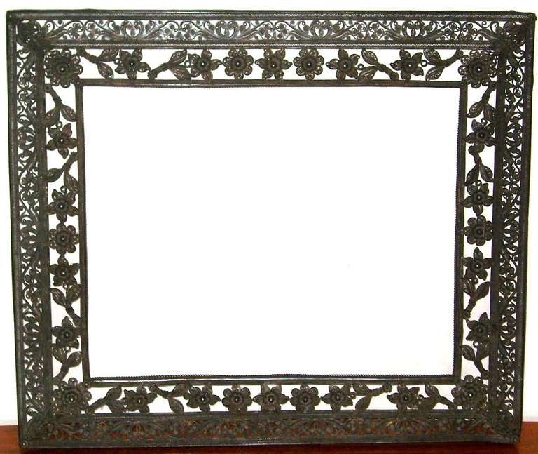 Handmade silver filigree large antique frame, attributed Oscar Bach.