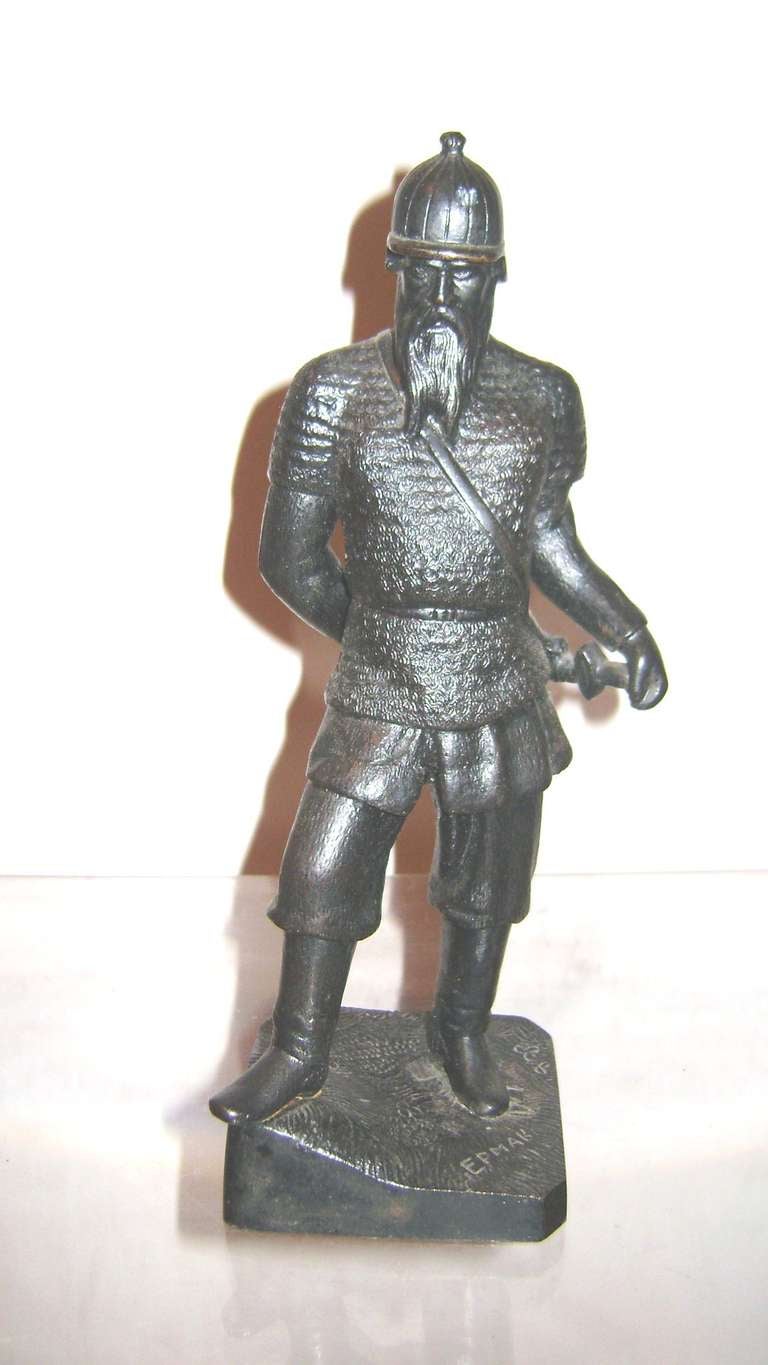 Russian Iron Sculpture of a Warrior - Jermak, signed 20th c