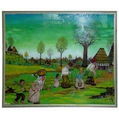 Large Naive Oil on Glass Reverse painting 20 th c