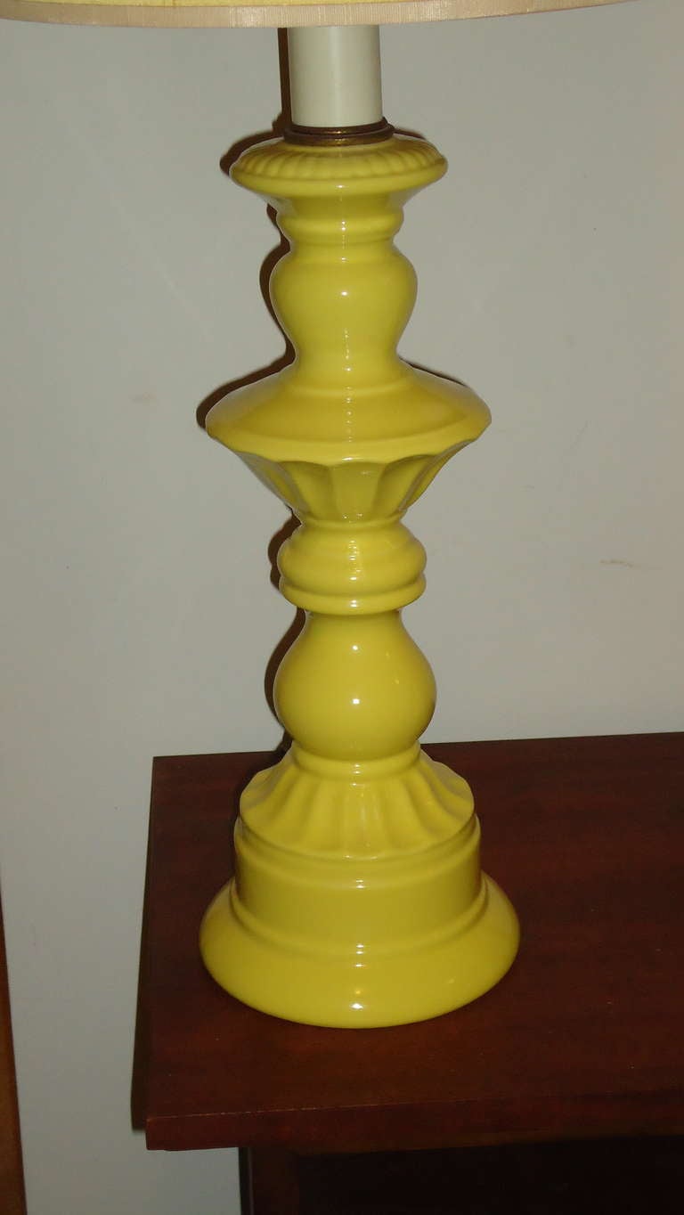 Sleek Canary  Yellow Ceramic Mid century Modern Pair of Lamps