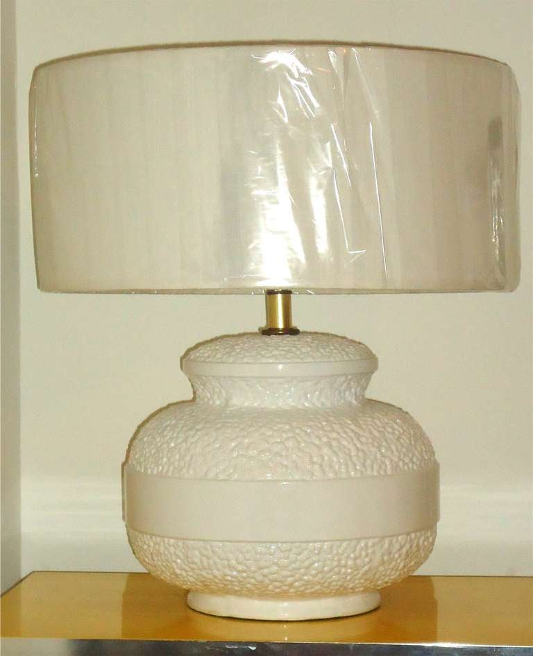 Spectacular white ceramic bulbous lamp with brand new shade  from mid century modern.