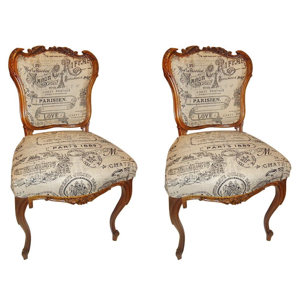 Pair of French Louis XV style 19 th c  Burlap Chairs