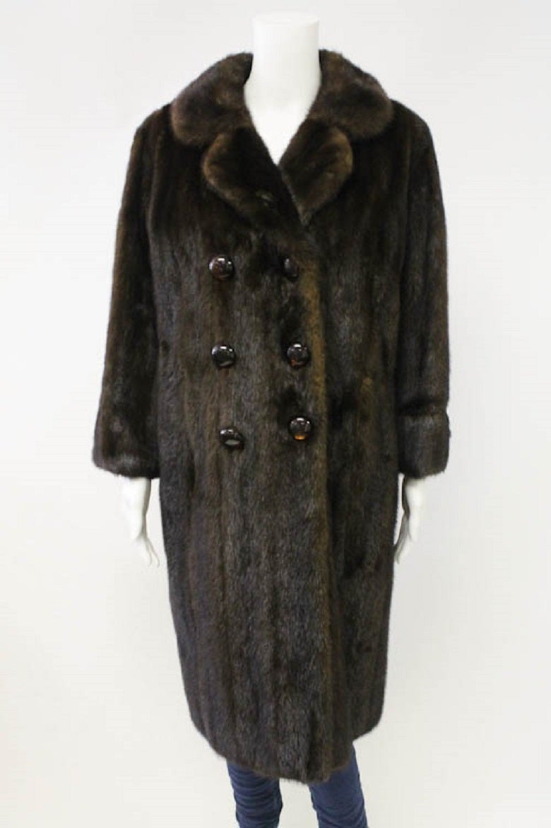 Black Mink Fur Two board 3/4 Sleeve Knee length Lucite Buttons M Coat