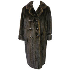 Black Mink Fur Two board 3/4 Sleeve Knee length Lucite Buttons M Coat