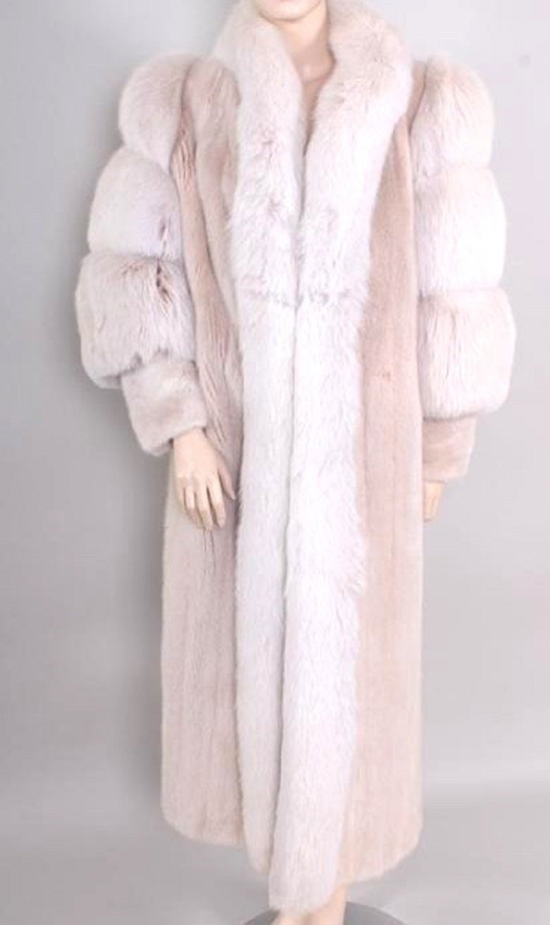Stunning beautiful sheared mink trimmed with white fox floor length puffed sleeves coat, 6-8.