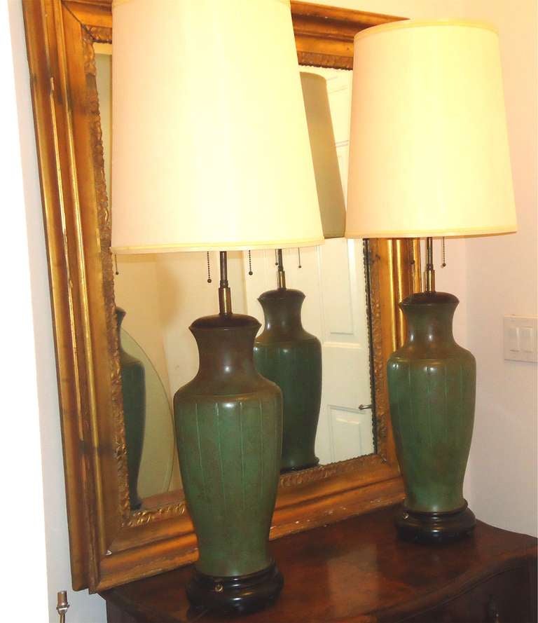 Impressive  Pair of Tall Verdigris Bronze American  Art Deco Lamps