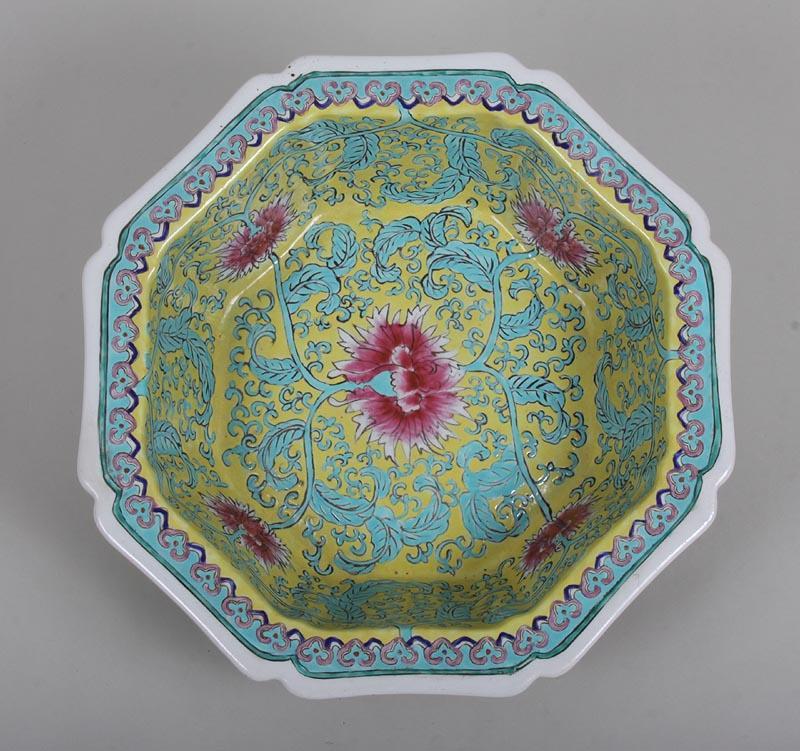 Chinese Polychromed Highly decorated octagonal porceain bowl