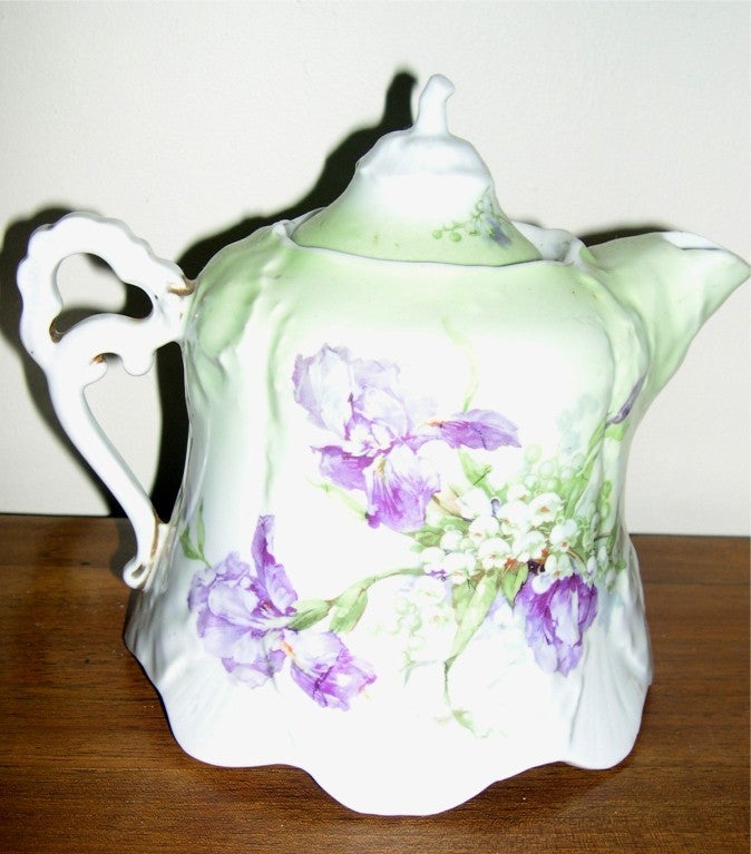 Beautiful Antique Russian Gardner  Porcelain teapot with irises and flowers of the valley, festooned bottom, highly decorated handle and cover.
