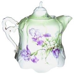 Russian Antiqu 19c Gardner Porcelain Teapot with Irises