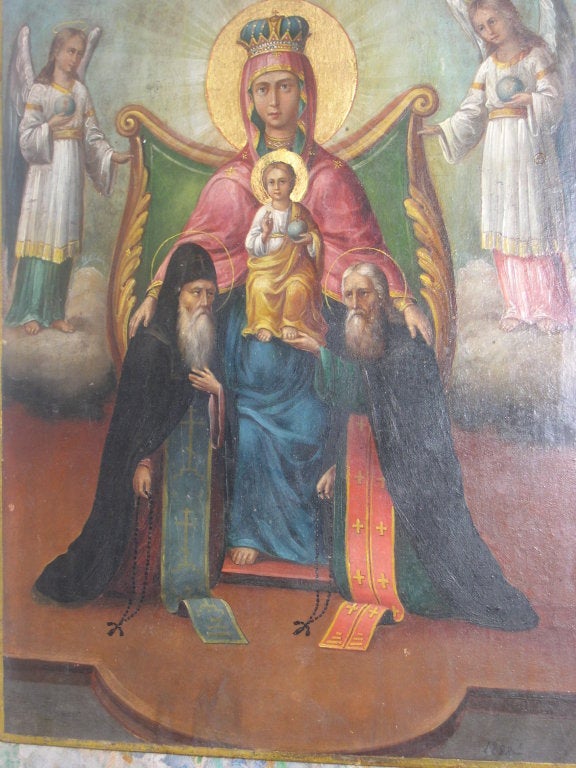 exceptional antique Russian Icon Mother of God with two angels and saits, rare motive, polychrome tempera on wood.
