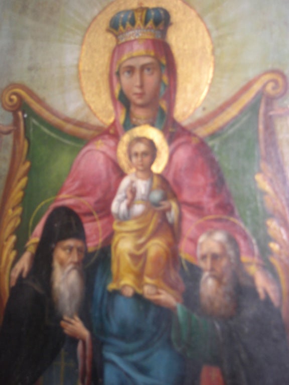 Romantic Antique Russian 19 th c Icon Mother of God  with angels and saints