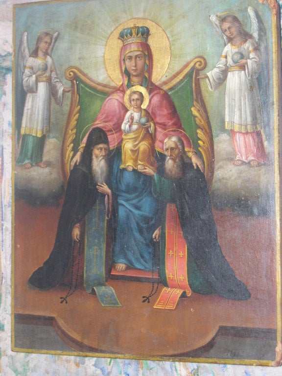 Antique Russian 19 th c Icon Mother of God  with angels and saints In Good Condition In Boca Raton, FL