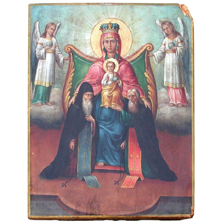 Antique Russian 19 th c Icon Mother of God  with angels and saints