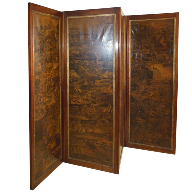 Antique English Decoupage 4-Panel Screen For Sale