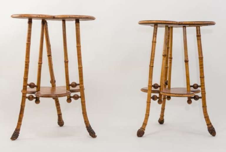 Antique English Bamboo and Wood Side Tables with Clover Shaped Top and Shelf. Bamboo curved legs with 6 decorative wood balls on each table.