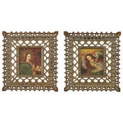 Pair of Antique Spanish Colonial Paintings with Gilt and Mirror Mosaic Frames