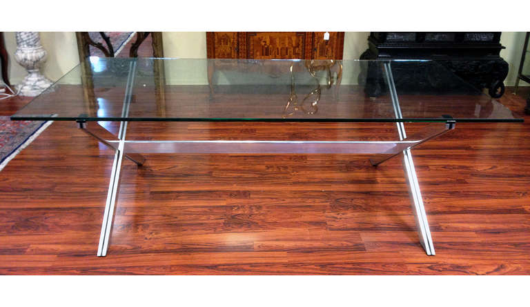 Purchased in late 60s directly from John Vesey's 3rd Ave showroom in NYC, this custom-sized table is an unusual model in a rare large size. The base features a signature design by John Vesey who, a pioneer for employing metal such as aluminum in