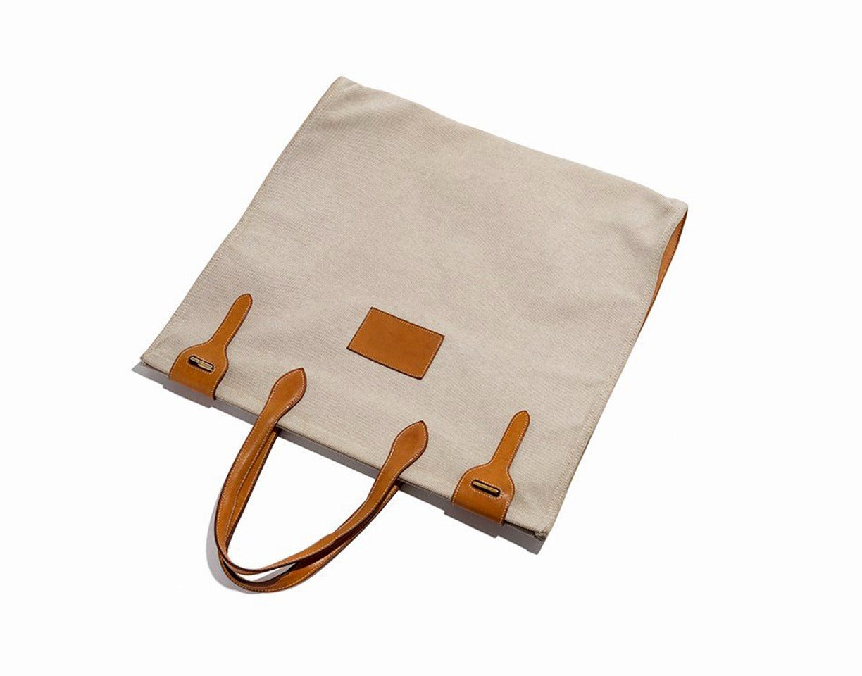 Bronze Large Toile and Leather Hermes Traveling Bag