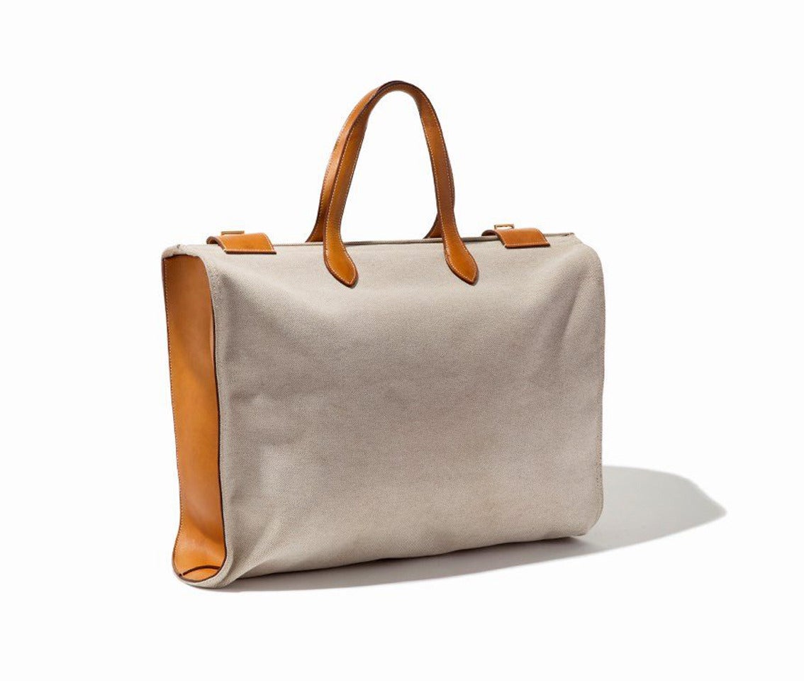 Large Toile and Leather Hermes Traveling Bag at 1stDibs