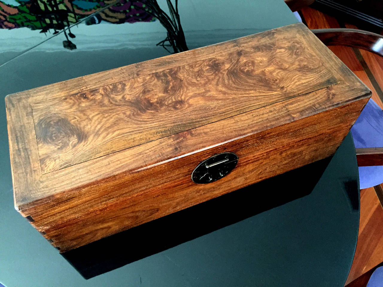 On offer is a Chinese antique document box with lid circa late 19th century. It is made from solid Huanghuali, the most sought-after exotic hardwood in Chinese furniture making, and brass hardware. Gracefully proportioned, the box features wonderful
