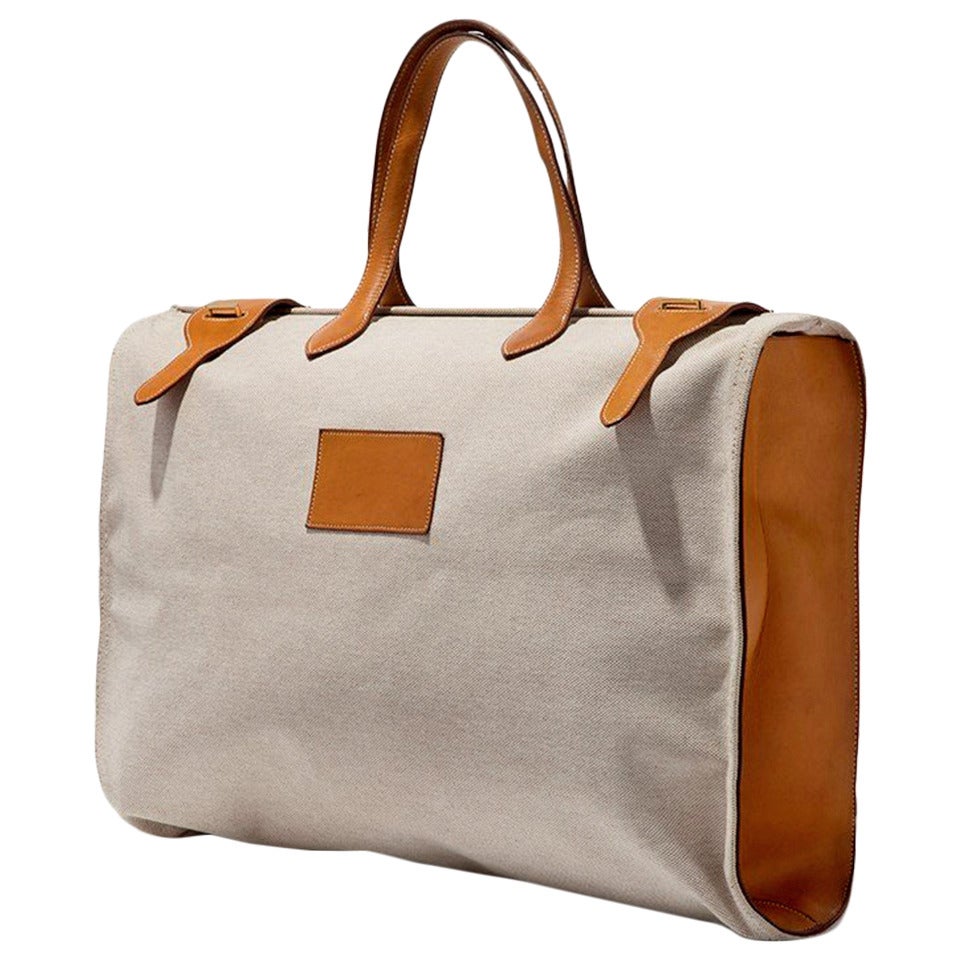 Large Toile and Leather Hermes Traveling Bag