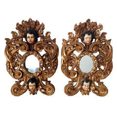 Antique Pair Of Spanish Colonial Mirror With Elaborate Cravings