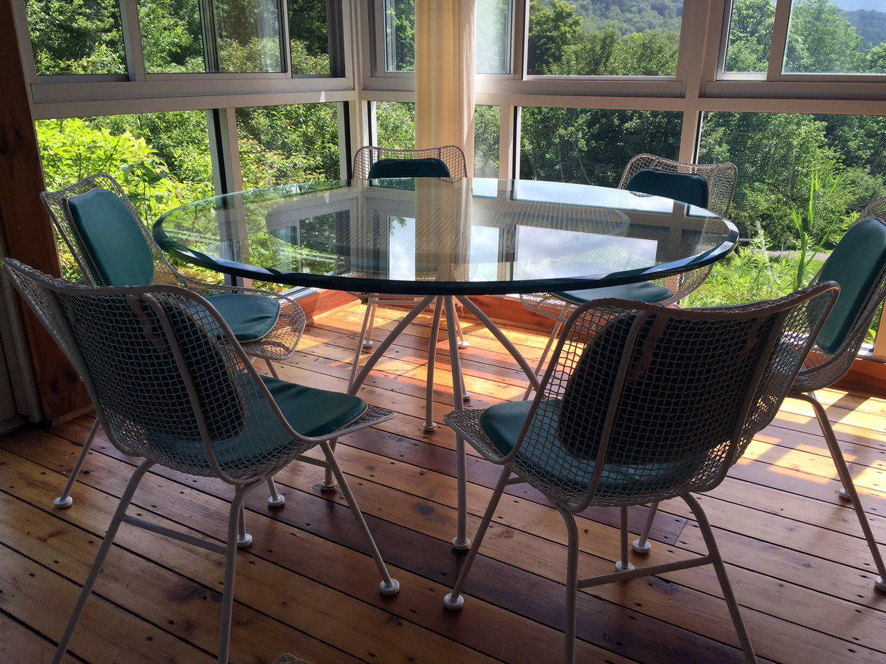 Mid-Century Modern Sculptura Metal Mesh Table and Six Side Chairs, Russell Woodard