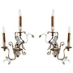Pair of French bronze and crystal parrot sconces