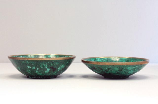 A set of bowls made from natural semi precious stone malachite and accented with bronze rims. Stunning set, likely Russian origin. Slightly variation in size of each bowl due to natural form of the stone.
This can be purchased individually for 600