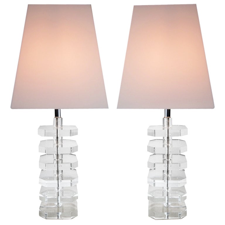 Pair Stunning Vintage Lucite Lamps With Acrylic Shades
