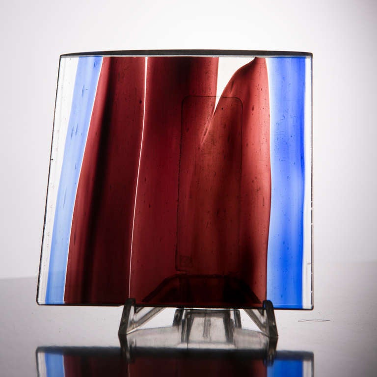 Glass sculpture by Gio Ponti for Venini.
Colored glass block used as sample to compose screens, large windows or as single sculptures. 
Also available from the same design other pieces.