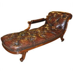 Antique 19th Century Walnut And Leather Chaise Longue