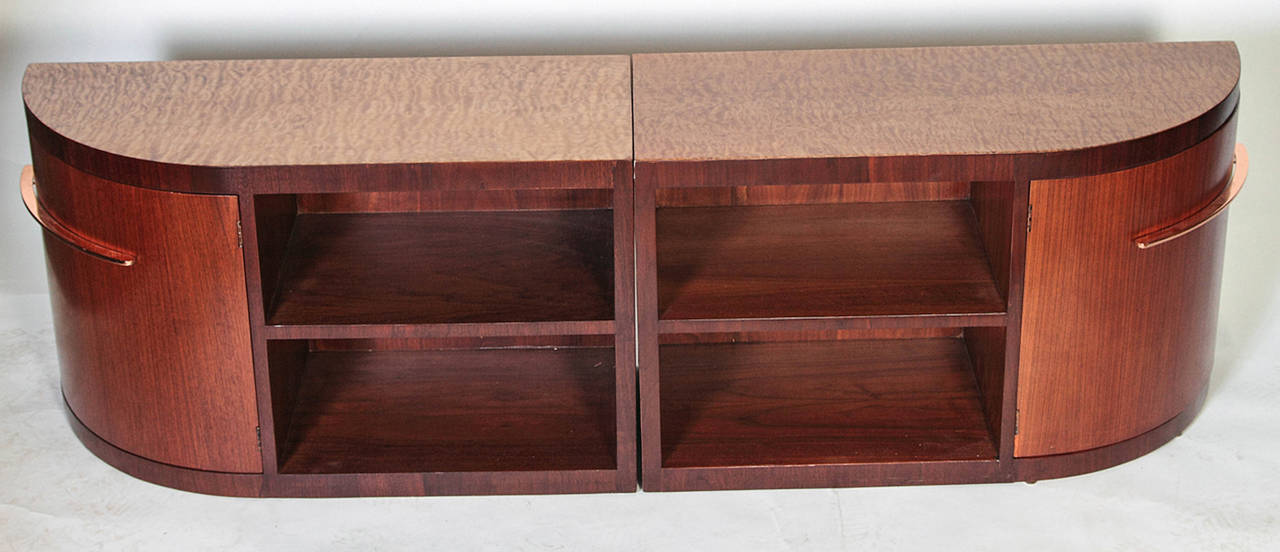 Versatile bookend-matched pieces; can be placed on either side of sofa or bed, or placed together as 6' wide bookcase or entertainment unit.
Finished on all sides, including back, for interior room placement, if desired.

Terrific tri-combination
