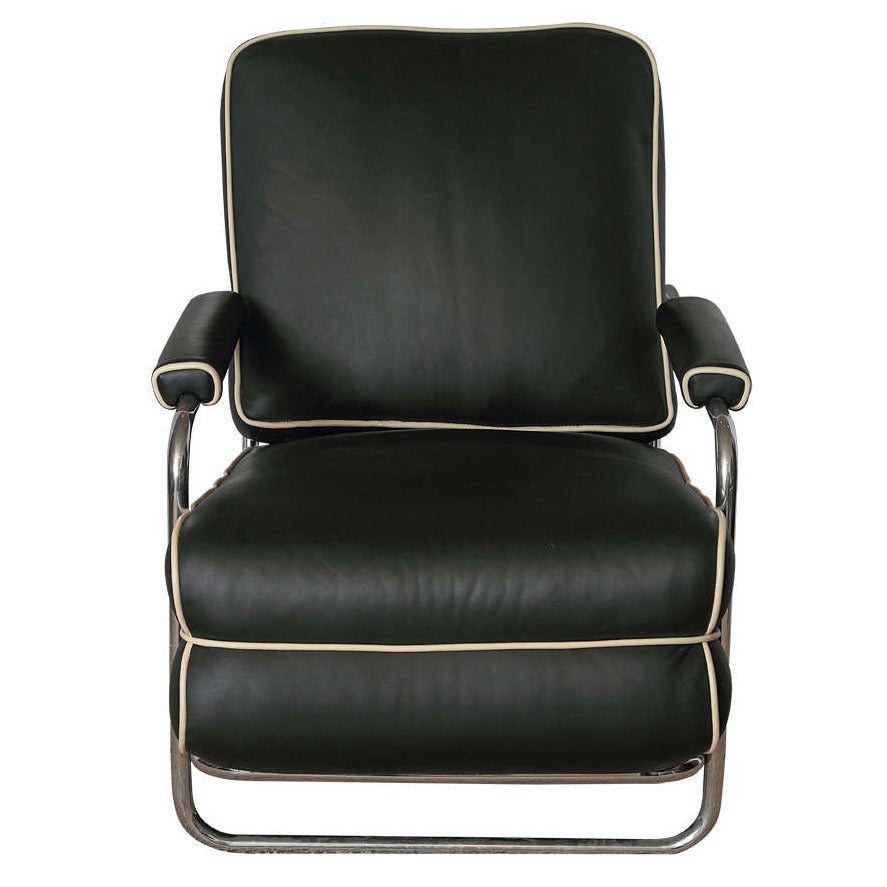 Extremely comfortable machine age lounge chair. 
Minty original unmolested chrome and supreme-quality calfskin re-upholstery.
Leather piping.
Minor wear to original metal straps underneath seat cushion.
Great canted back angle, 4