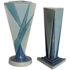 Roseville Futura Big and Little Blue Triangle Vases, Frank Ferrell, 1928