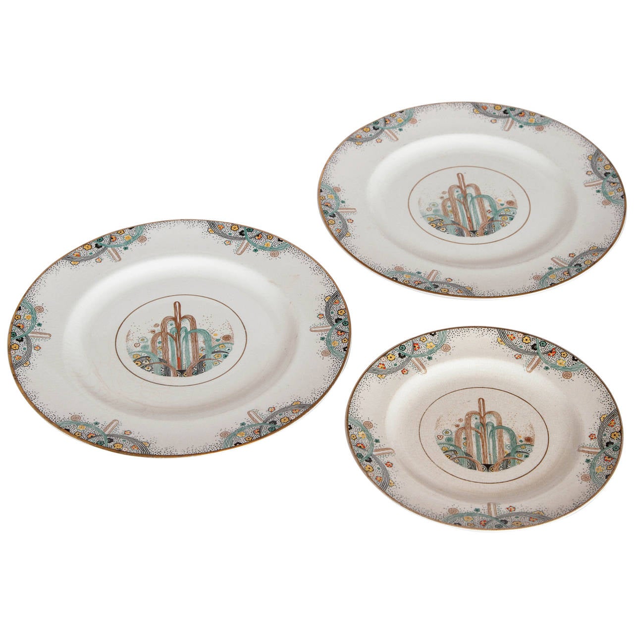 Trio 1925 Les Fountains Early Art Deco Paris Exhibition Plates For Sale
