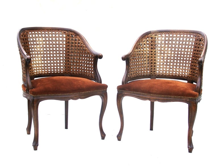 Pair of Fireside or side Arm chairs in the Louis XV Style Cane Back