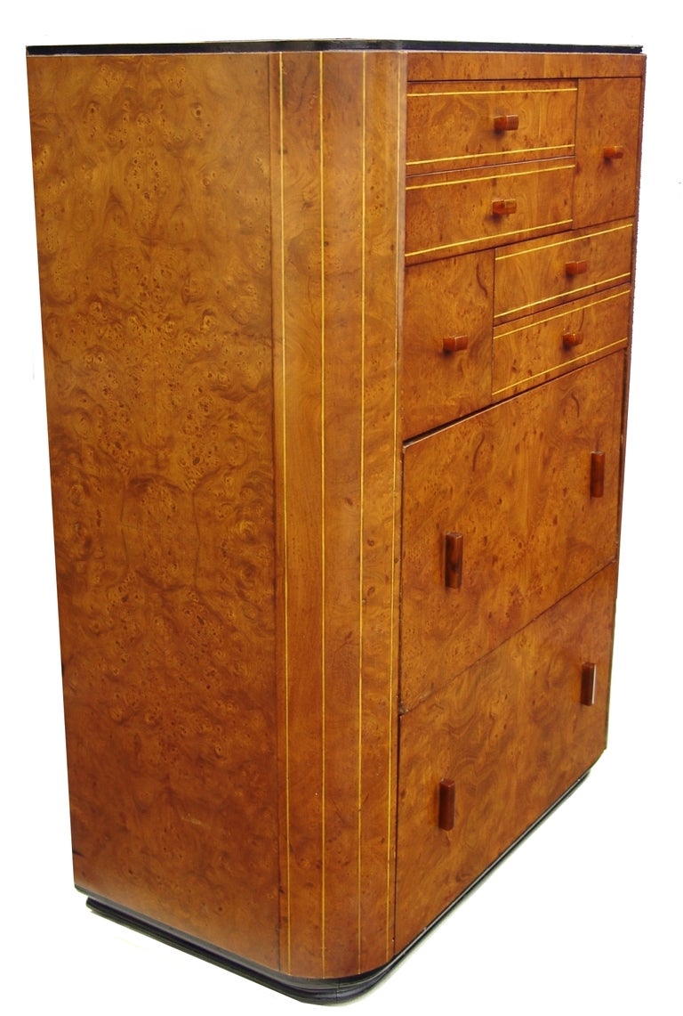 Mid-20th Century Burl Wood High Chest of Drawers Dresser manner of Donald Deskey