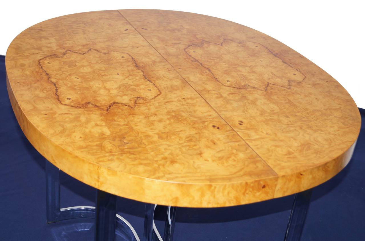 Late 20th Century Burl Wood Chrome Dining Table for Small Spaces in the Manner of Milo Baughman