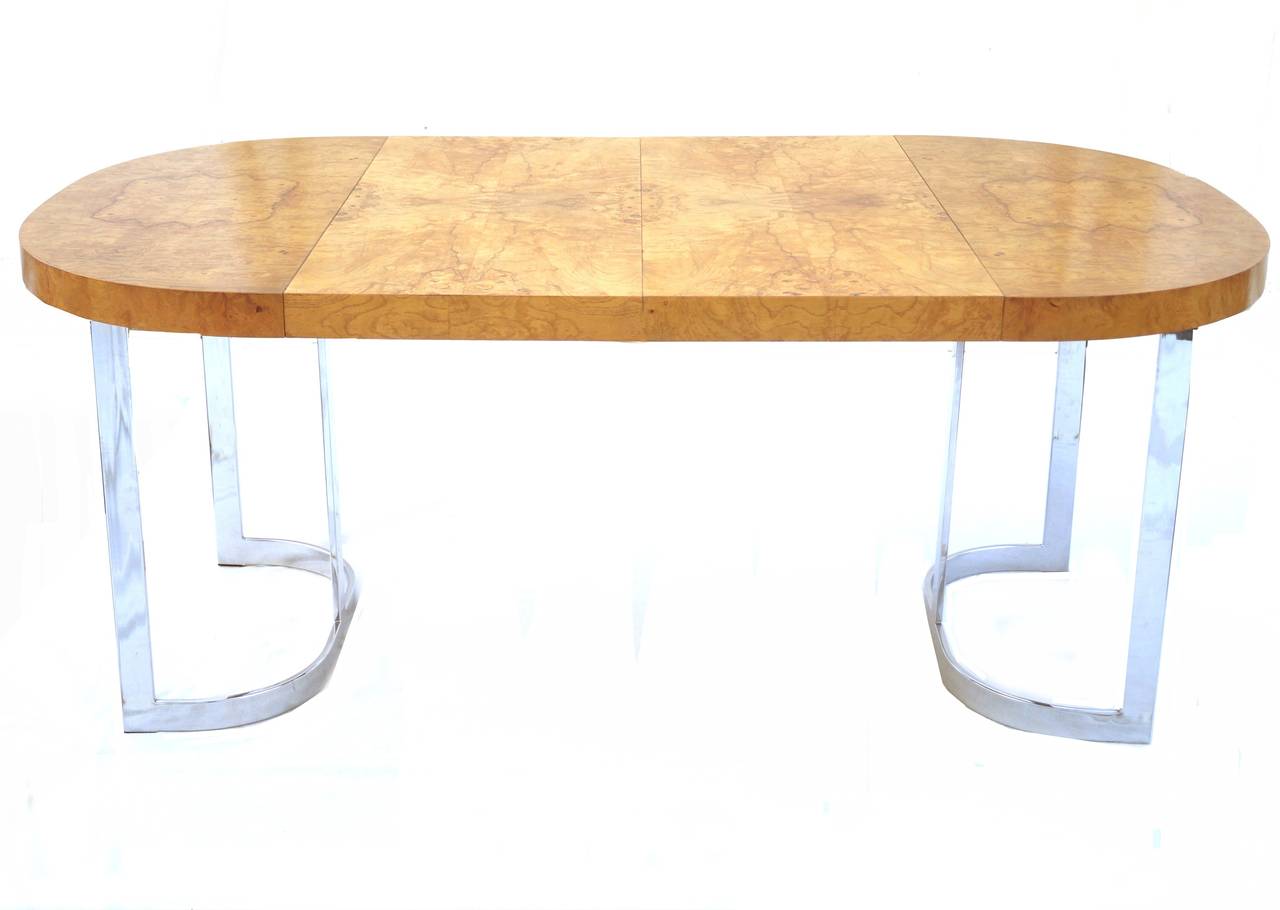 American Burl Wood Chrome Dining Table for Small Spaces in the Manner of Milo Baughman