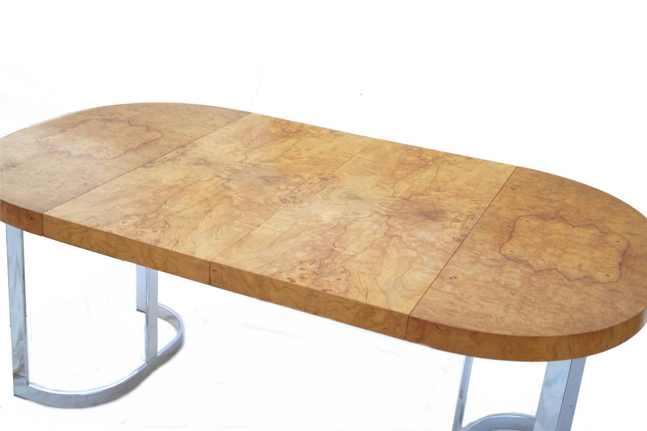 Burl Wood Chrome Dining Table for Small Spaces in the Manner of Milo Baughman 2