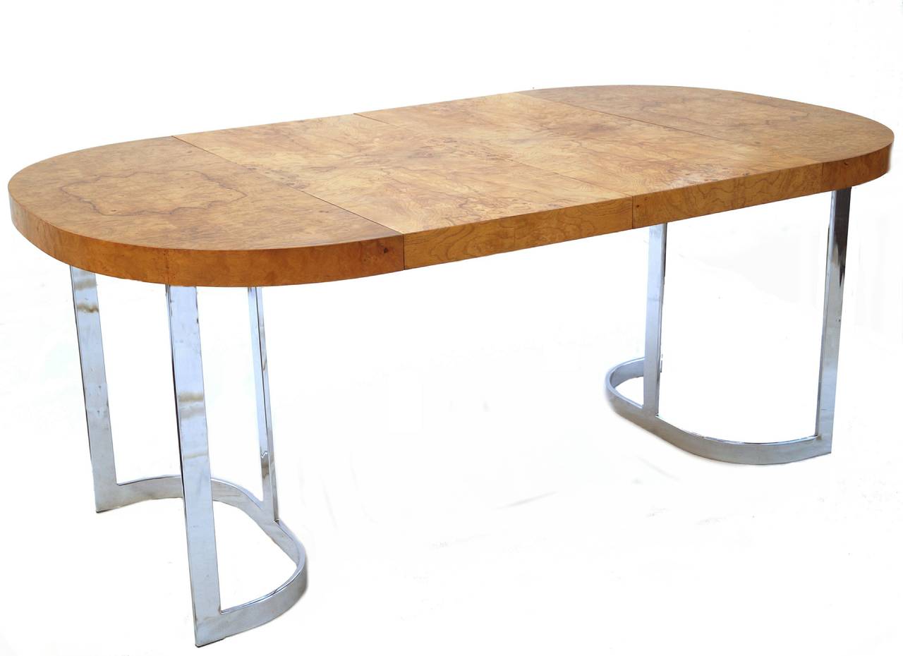 Mid-Century Modern Burl Wood Chrome Dining Table for Small Spaces in the Manner of Milo Baughman