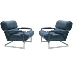 Milo Baughman Mid-Century Modern Oversized Chrome Pair of Leather Chrome Lounge Chairs