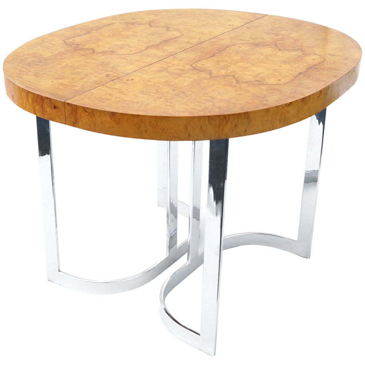 Burl Wood Chrome Dining Table for Small Spaces in the Manner of Milo Baughman