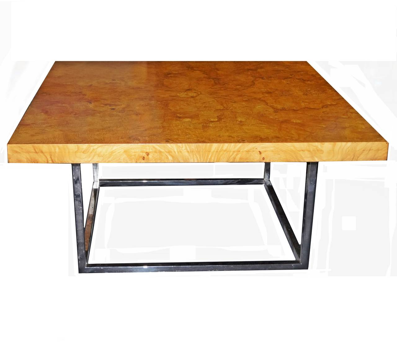 Mid-Century Modern Burl Wood Chrome Coffee Cocktail Table, Attributed to Milo Baughman