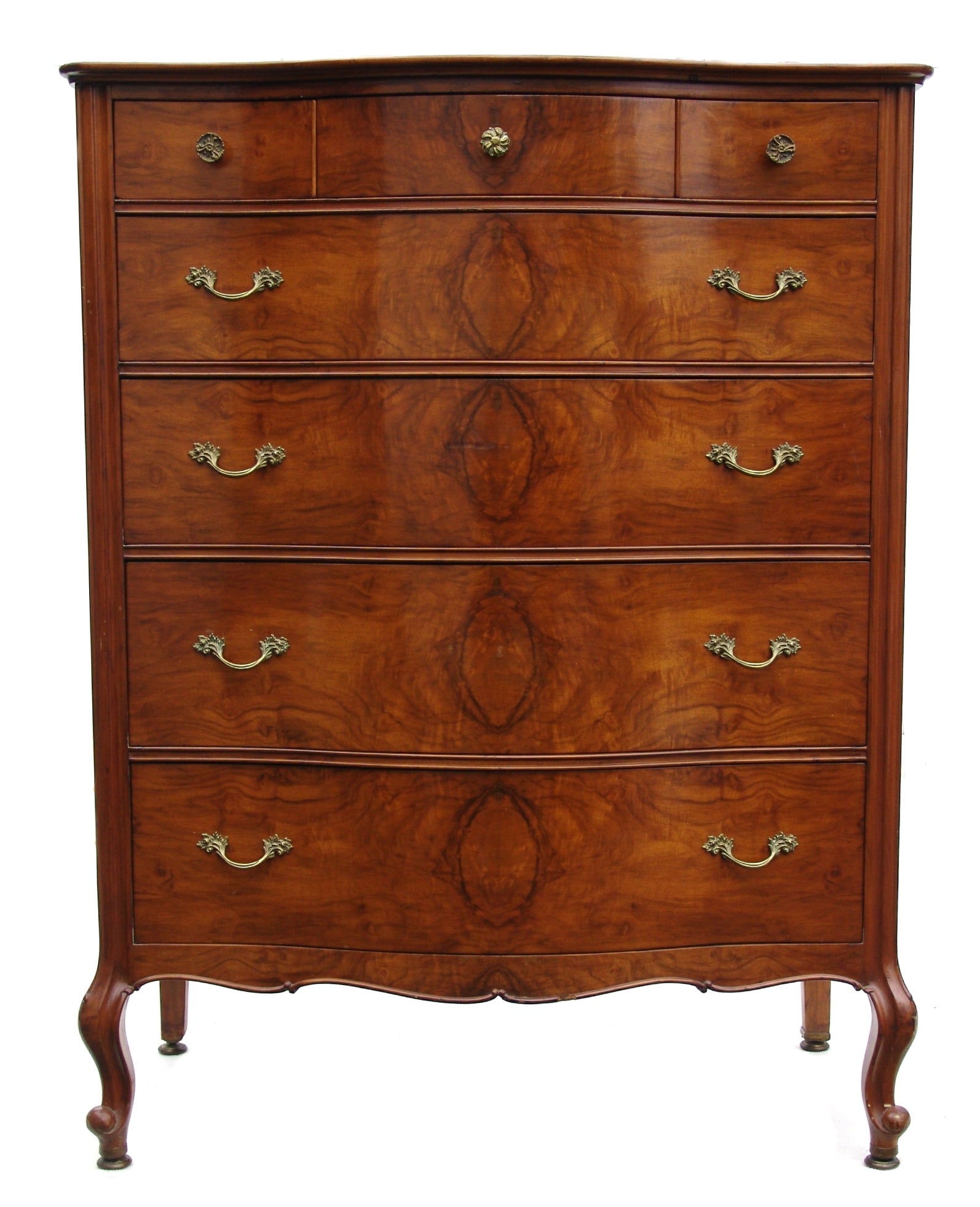 French Burl Wood Burlwood High Chest of Drawers Dresser Highboy