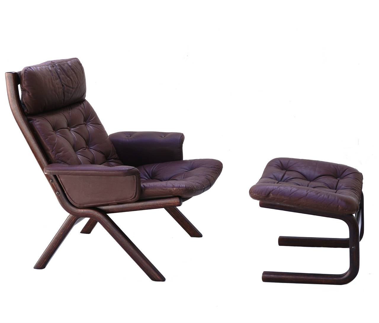 Other Danish Modern Leather Sculptural Sling Lounge Chair and Ottoman